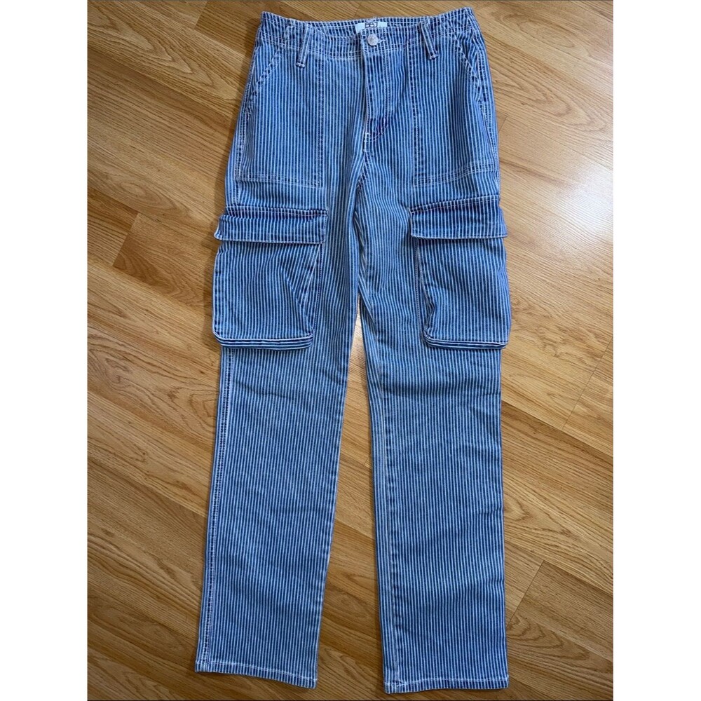 BBJ Los Angeles Striped Blue Cargo Straight Leg Jeans High Waist Size 1/25